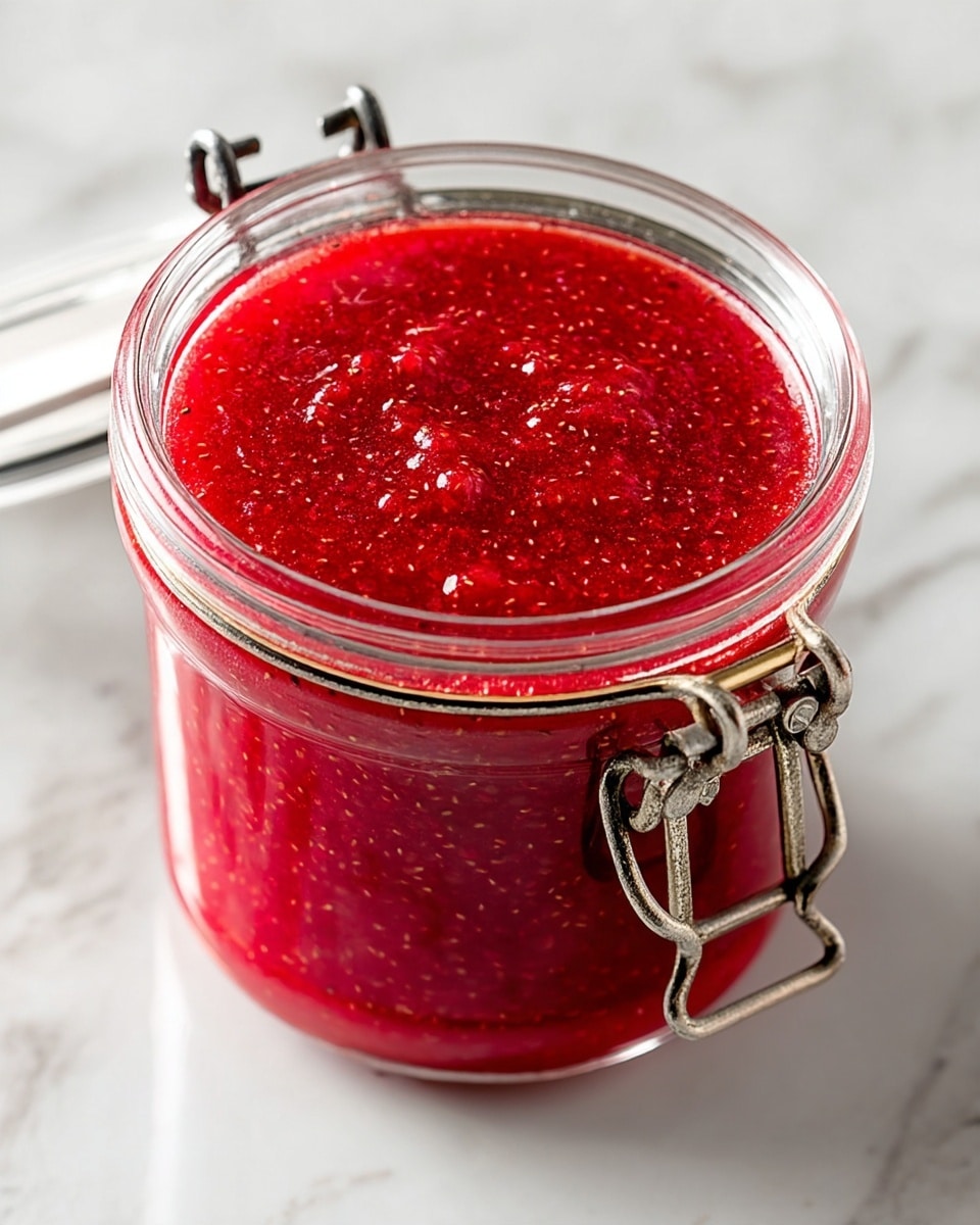 A clear glass jar filled with a thick red jam that has a slightly uneven surface with small bubbles and visible tiny seeds scattered inside. The jam layer is smooth, glossy, and vibrant red, filling the jar to the top. The jar has a metal clasp lid, open and resting beside it. The jar sits on a white marbled textured surface, with soft natural light highlighting the jam’s shiny texture. photo taken with an iphone --ar 4:5 --v 7