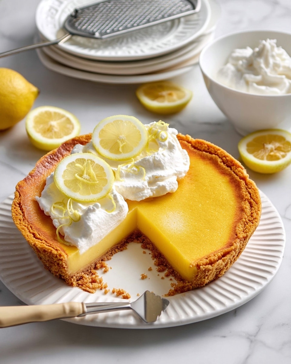 A lemon pie with three layers sits on a white round plate having ridged edges, placed on a white marbled surface. The base layer is a golden brown crumbly crust, followed by a smooth, bright yellow lemon filling that fills most of the pie. On top, there is a generous mound of white whipped cream slightly spread out over half of the filling, decorated with three thin lemon slices and a few lemon zest strands. Nearby, there is a lemon half cut side up, two lemon slices on the surface, and a cream-filled white bowl with a spoon in it at the bottom left corner. A pie server with a beige handle rests on the plate’s edge. In the top right corner, a white patterned plate holding a silver grater is partially visible. photo taken with an iphone --ar 4:5 --v 7