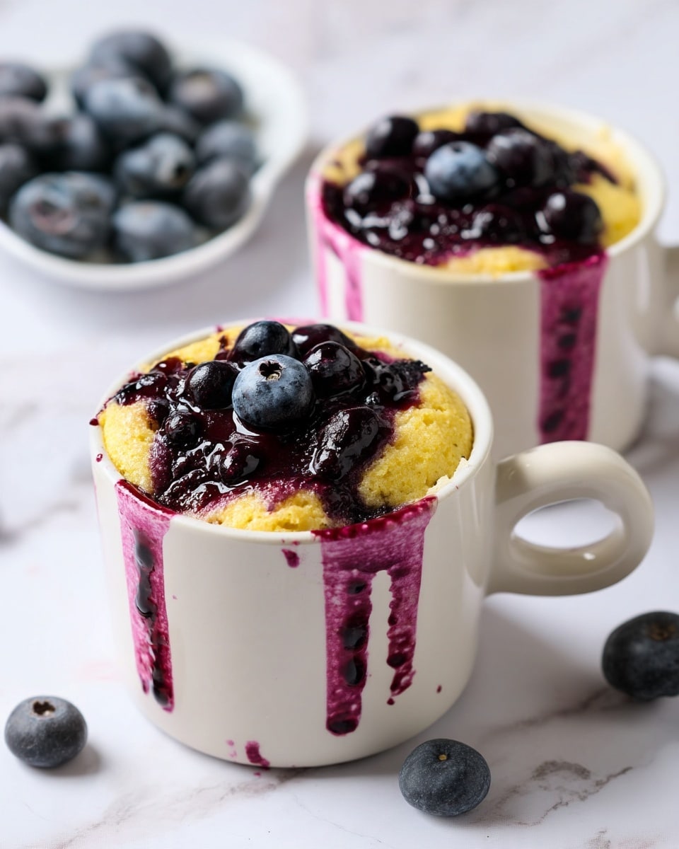Two white mugs filled with blueberry mug cakes sit on a white marbled surface. Each mug holds a soft yellow cake base with dark purple, glossy blueberry swirls on top and some blueberry juice stains along the mug edges. One mug shows a more mixed, uneven layer where the purple blueberry layer is partially mixed with the yellow cake. Near the mugs, there is a white dish filled with plump, dark blue blueberries, and a few loose blueberries scattered on the surface. The scene is bright and clean with fresh fruit and a homemade feel. photo taken with an iphone --ar 4:5 --v 7