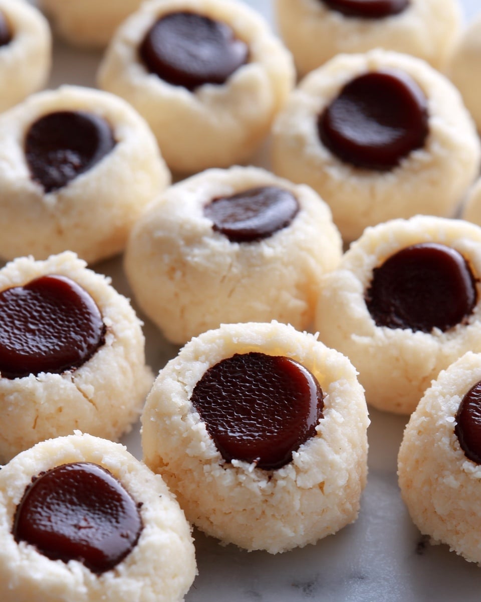 A close-up of many round cookies with two layers: the bottom layer is soft and crumbly with a rough texture in off-white color, and the top layer is a smooth, glossy dark chocolate center, filling a shallow round indentation in each cookie. The cookies are packed closely together on a white plate. The background has a white marbled texture. photo taken with an iphone --ar 4:5 --v 7