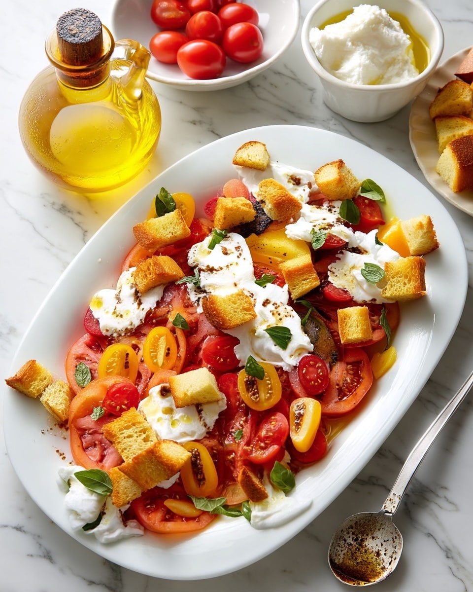 A white oval plate holds a vibrant dish with three layers: the bottom layer is a mix of red, yellow, and orange tomato slices showing soft, juicy textures; the middle layer is dollops of creamy white cheese spread unevenly over the tomatoes, with some browned spots and drizzle of golden oil; the top layer consists of golden brown, crispy bread cubes scattered across along with small pieces of fresh green basil leaves. Around the plate on the white marbled surface are additional golden bread cubes on a white plate, a clear glass jug filled with golden oil with a cork stopper, a small bowl with cherry tomato halves, and a bowl with creamy white cheese and a spoon. photo taken with an iphone --ar 4:5 --v 7
