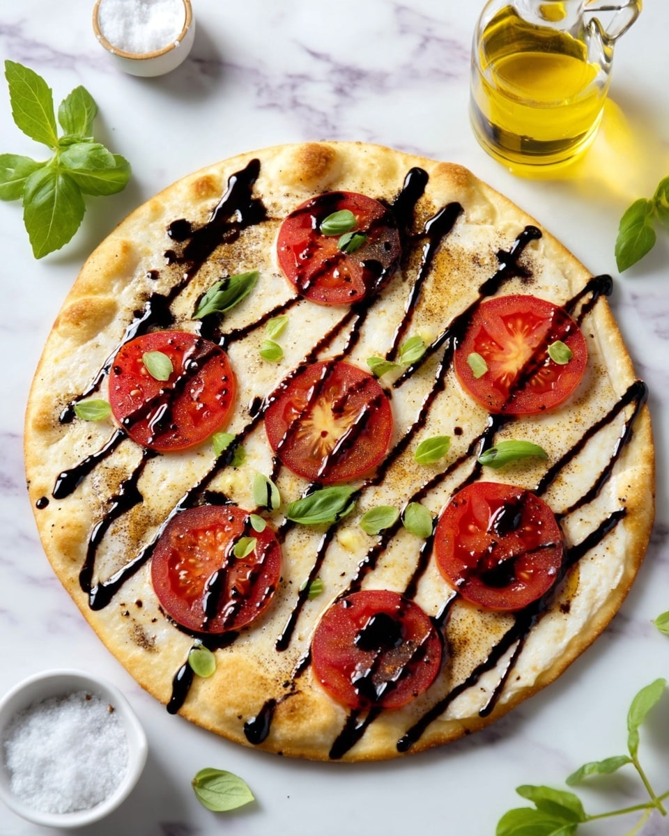 A round flatbread pizza with a light golden crust, topped with a creamy white cheese layer that covers the base. On top, there are seven bright red tomato slices evenly spaced. Dark, glossy balsamic glaze is drizzled in thick, crisscross lines over the entire pizza. Small fresh green basil leaves are scattered on top, adding a fresh contrast. The pizza is placed on a white marbled surface, with a glass bottle of yellow olive oil and a small white bowl of salt nearby photo taken with an iphone --ar 4:5 --v 7