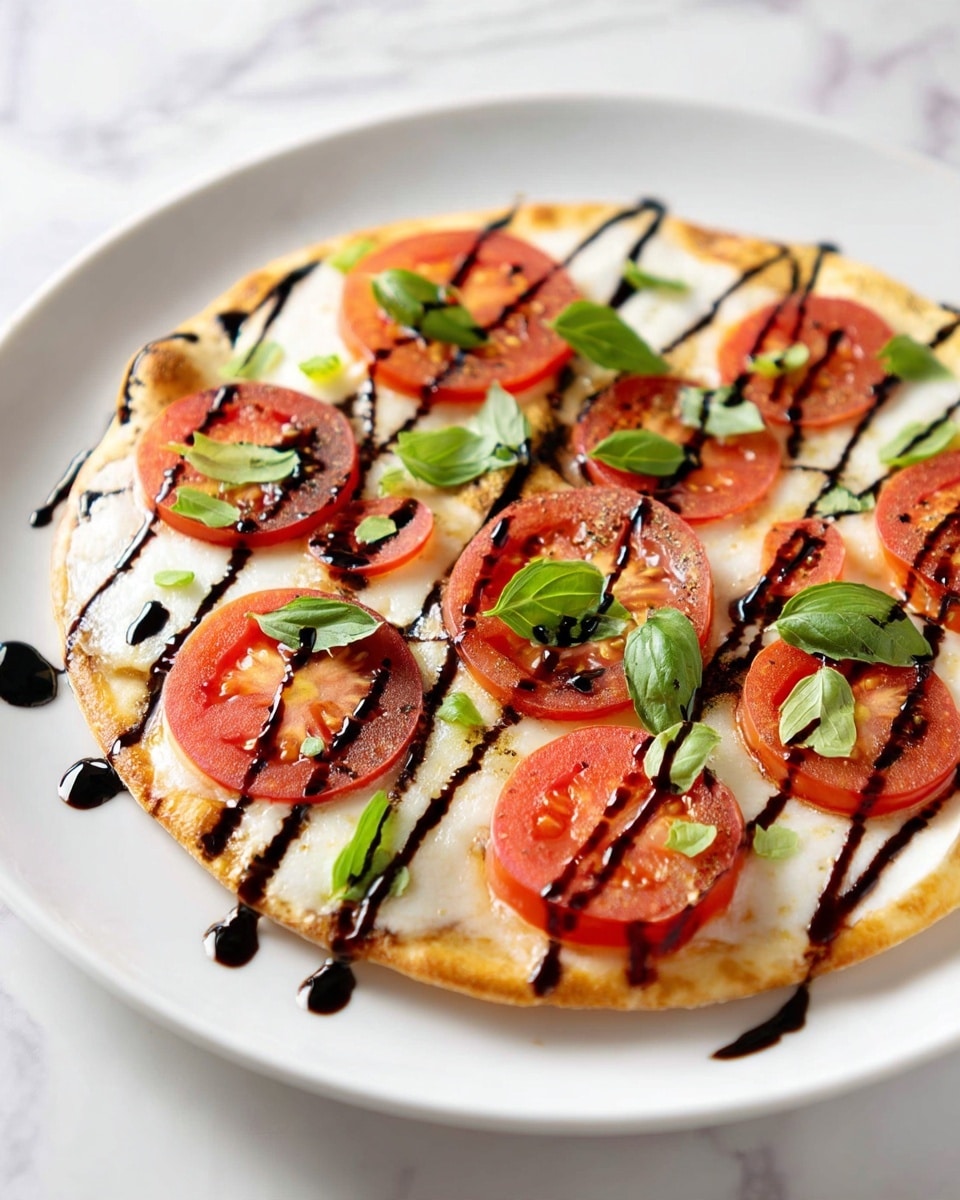 A thin pizza with a golden-baked crust forms the base layer, topped with a smooth, melted white cheese layer. On top, there are several medium red tomato slices evenly spaced. Bright green fresh basil leaves are scattered around the tomatoes. A dark balsamic glaze is drizzled in crisscross lines over the entire pizza, adding contrast and shine. The pizza is placed on a white plate set against a white marbled texture background. Photo taken with an iphone --ar 4:5 --v 7