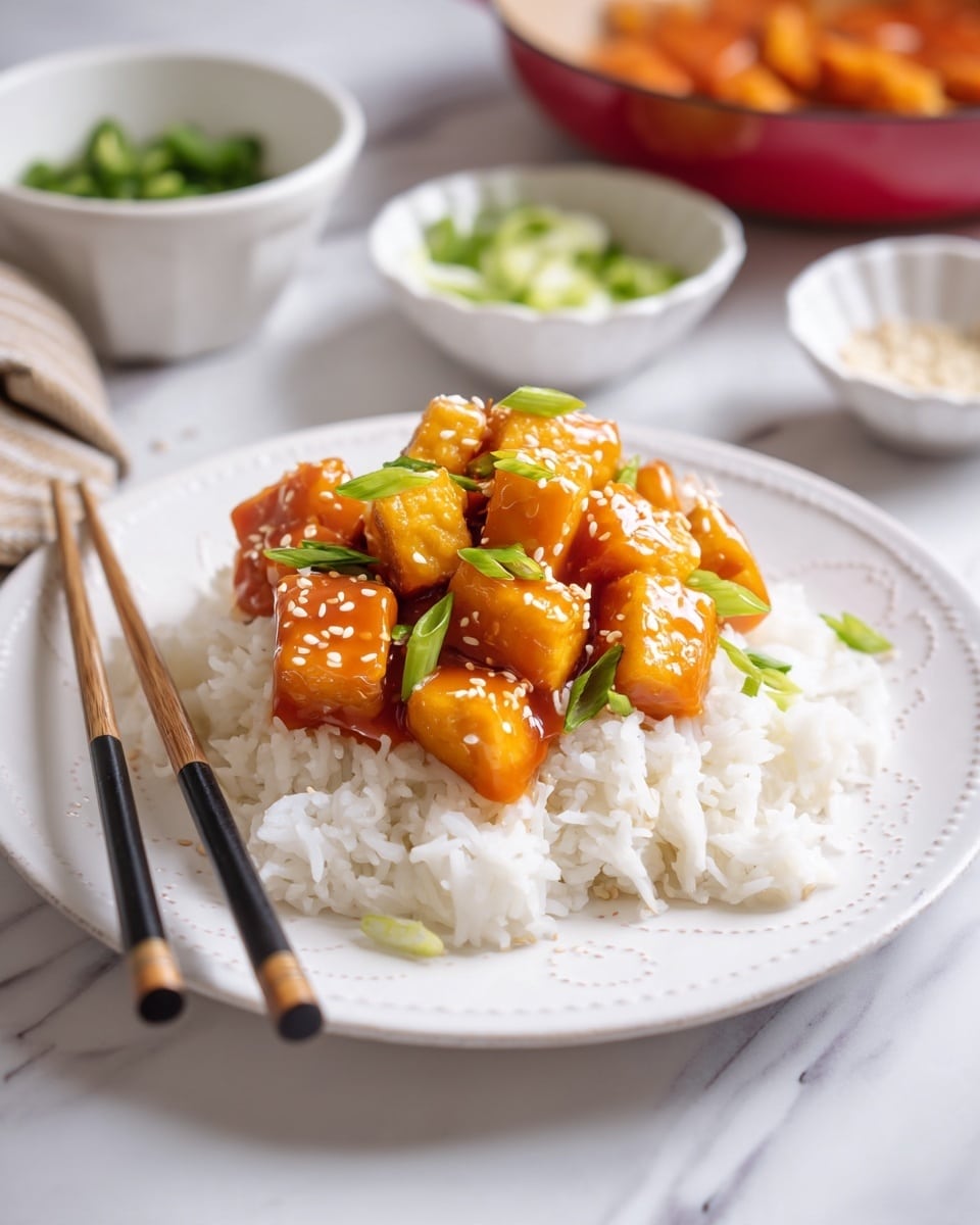 A white plate holds a serving of plain white rice as the bottom layer, fluffy and soft in texture. On top, there is a second layer of small, cubed tofu coated in a thick, shiny orange glaze, glistening under the light. The tofu is garnished with scattered white sesame seeds and small pieces of green sliced scallions, adding a pop of color. To the left of the plate, a pair of wooden chopsticks with black tips rest neatly. The plate is placed on a white marbled surface. In the background, a white bowl filled with sliced green scallions and another small white bowl with sesame seeds are slightly out of focus, along with a red pan containing more glazed tofu cubes. Photo taken with an iphone --ar 4:5 --v 7