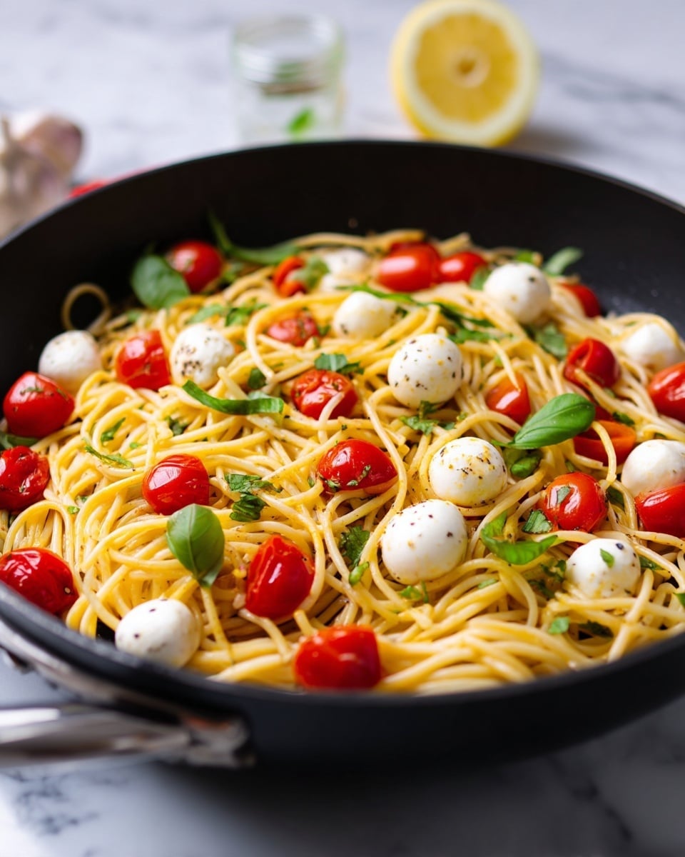 A black pan filled with spaghetti pasta mixed with small round white mozzarella balls and halved red cherry tomatoes scattered throughout. The top has thin strips of fresh green basil leaves, adding a pop of color against the creamy spaghetti strands. The textures show smooth mozzarella, slightly shiny cooked tomatoes, and soft pasta strands twisted together. A lemon slice and a clear glass jar are blurred in the background on a white marbled surface. Photo taken with an iphone --ar 4:5 --v 7