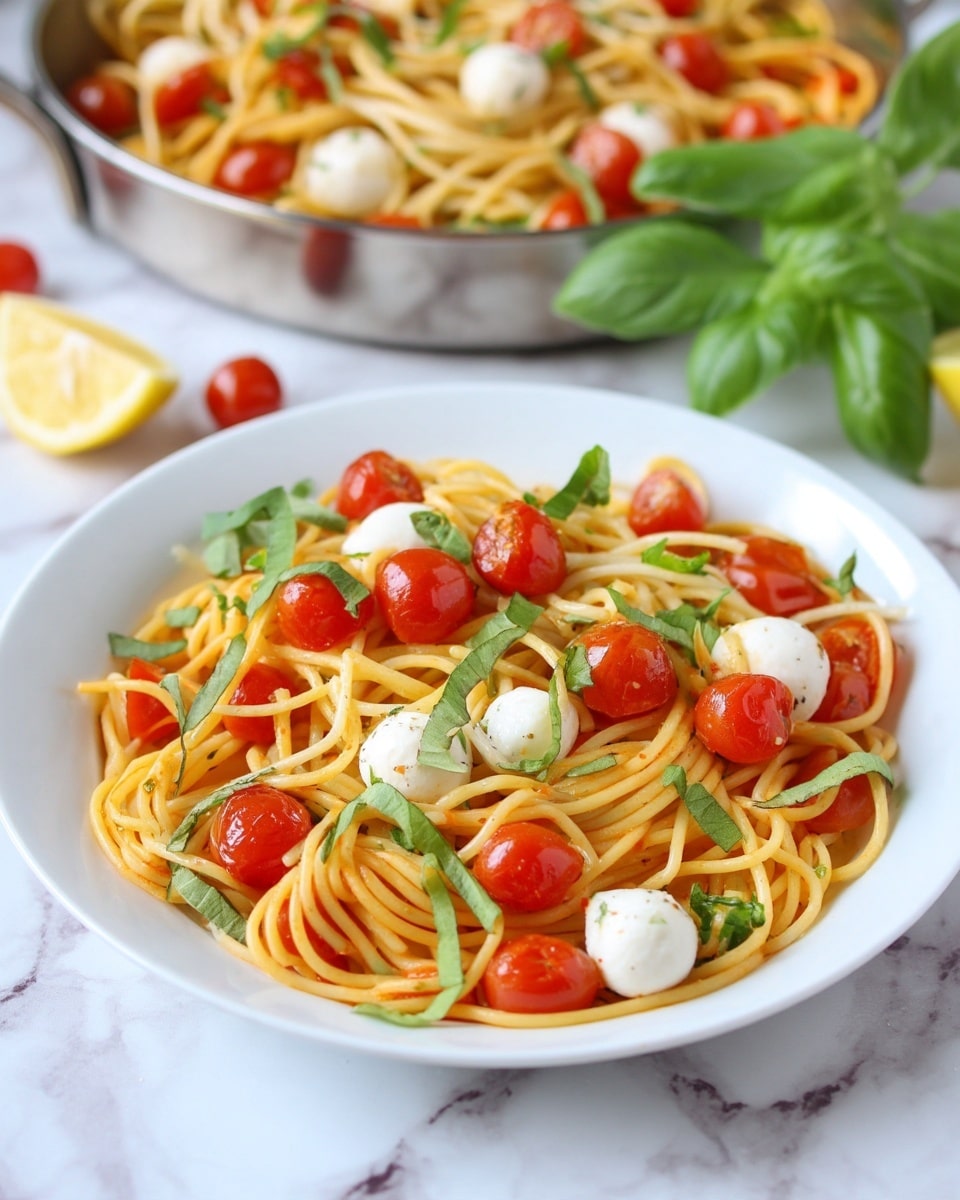 A white plate holds a bed of light golden spaghetti noodles twisted into a loose pile. Bright red, halved cherry tomatoes are spread across the noodles, along with small white mozzarella balls. Fresh green basil leaves are sliced thinly and scattered over the top, adding contrast to the colors. The white marbled surface underneath is partly visible, with a lemon slice and additional basil nearby. In the background, a silver pan filled with more spaghetti, tomatoes, and basil is slightly out of focus. Photo taken with an iphone --ar 4:5 --v 7