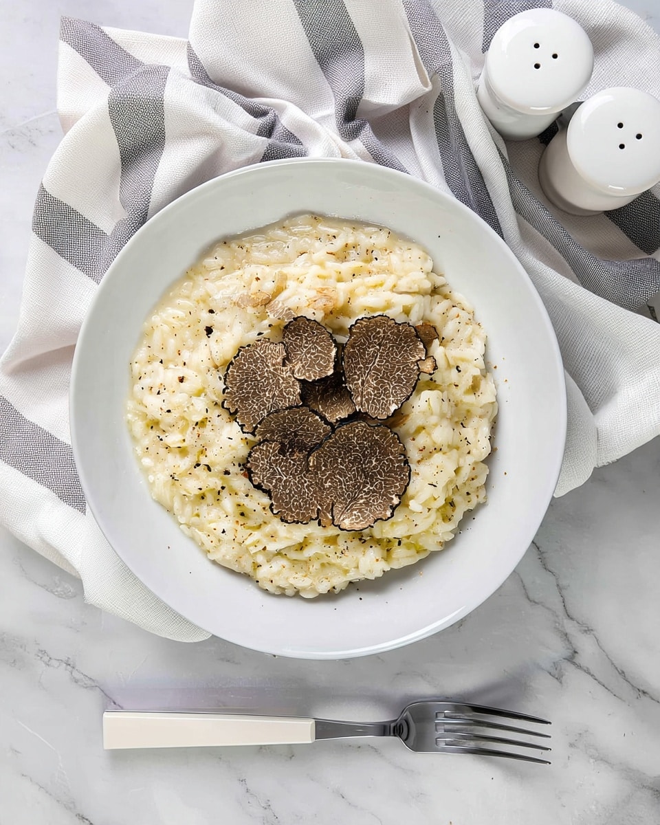 A white round plate filled with creamy risotto that has a soft, slightly wet texture in a pale yellowish-white color; the dish is topped with several thin slices of black truffle scattered unevenly in the center, adding dark brown and black accents with rough edges; a sprinkle of black pepper is visible on the risotto, giving small dark specks across the surface; the plate sits on a white marbled surface partially covered by a white cloth with gray stripes; there are two white ceramic salt and pepper shakers placed at the top right, and a fork with a white handle is positioned at the bottom right of the plate. photo taken with an iphone --ar 4:5 --v 7
