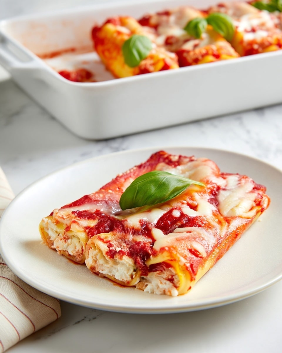 The dish shows three rolled layers each filled with white ricotta cheese and a light golden texture inside, topped with a bright red tomato sauce layer that is covered with melted pale yellow to light brown mozzarella cheese. A fresh bright green basil leaf is placed on top, adding a touch of color contrast. The rolls are neatly arranged on a white plate, with a white baking dish filled with more of the same rolls in the background on a white marbled surface. Photo taken with an iphone --ar 4:5 --v 7