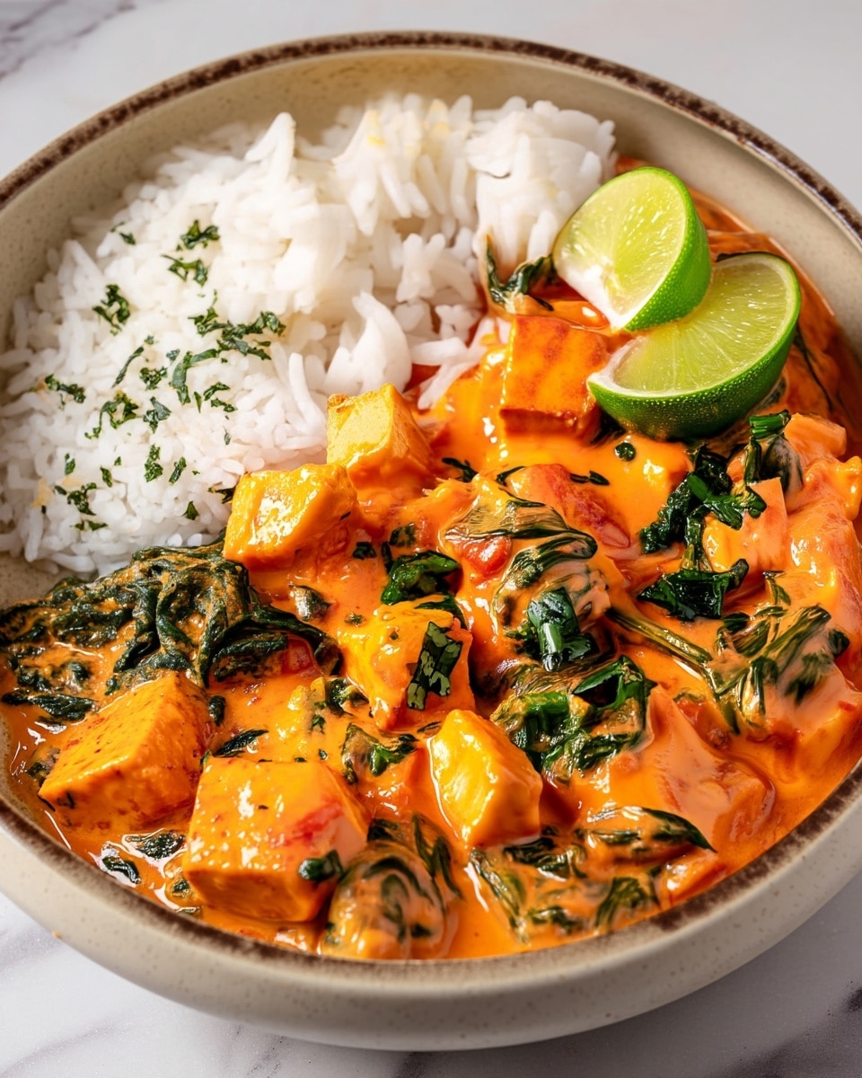 A close-up view of a beige bowl with a dark brown rim, filled with a vibrant orange curry containing cubed tofu or paneer and dark green spinach leaves, which appears creamy and thick. The curry layer sits on one half of the bowl, topped with finely chopped green herbs, while a mound of fluffy white rice fills the other half. On top of the curry near the rice, two bright green lime wedges are placed for garnish. The bowl is set on a white marbled surface. photo taken with an iphone --ar 4:5 --v 7