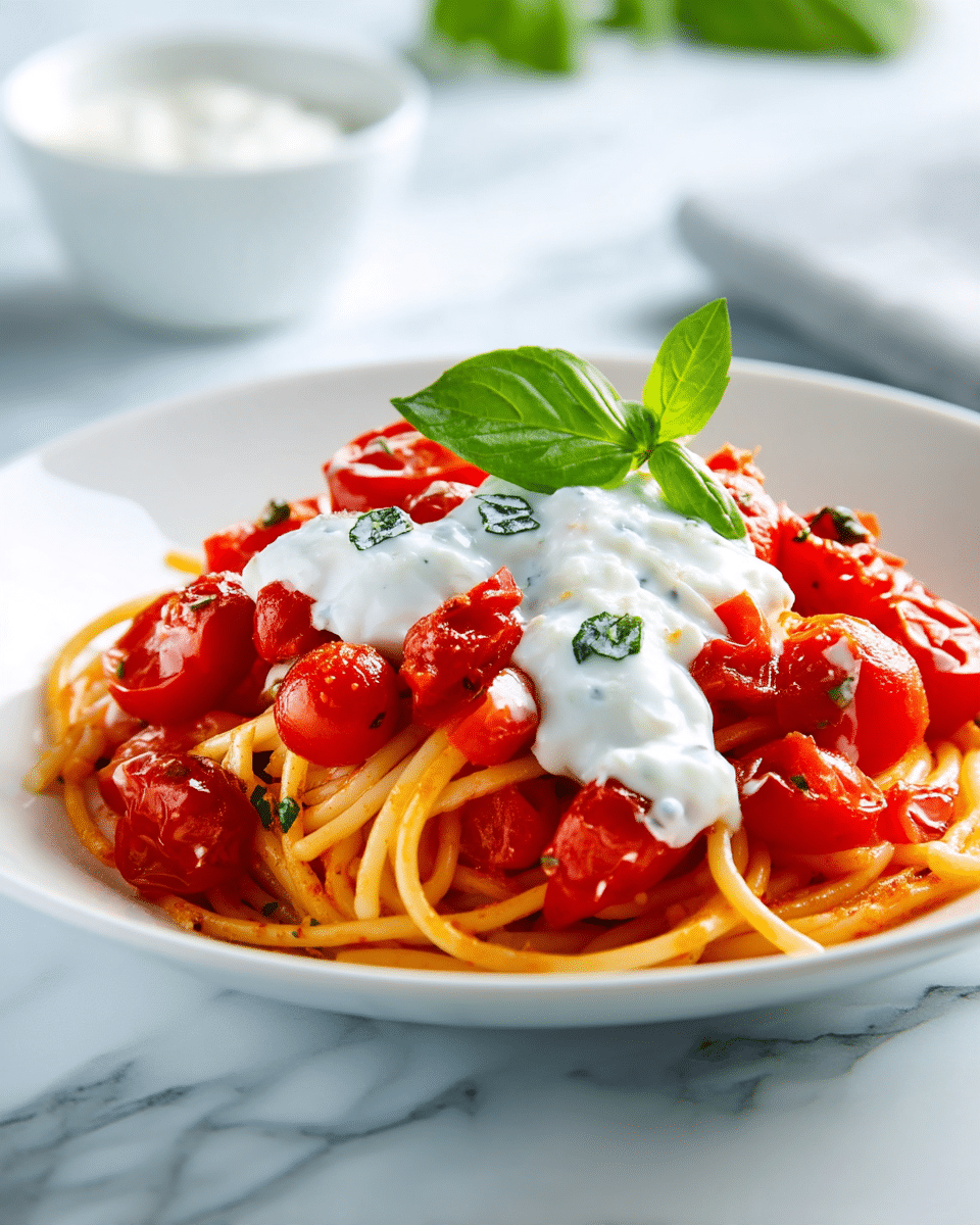 A white plate holds a serving of spaghetti pasta mixed with red cooked cherry tomatoes and sprinkled with small green basil bits throughout. On top, there is a thick white creamy sauce covering the middle part of the pasta and tomatoes, garnished with a fresh green basil leaf. The plate is placed on a white marbled surface, with a blurred white bowl in the background. The colors stand out with the bright reds, fresh greens, and creamy whites. photo taken with an iphone --ar 4:5 --v 7