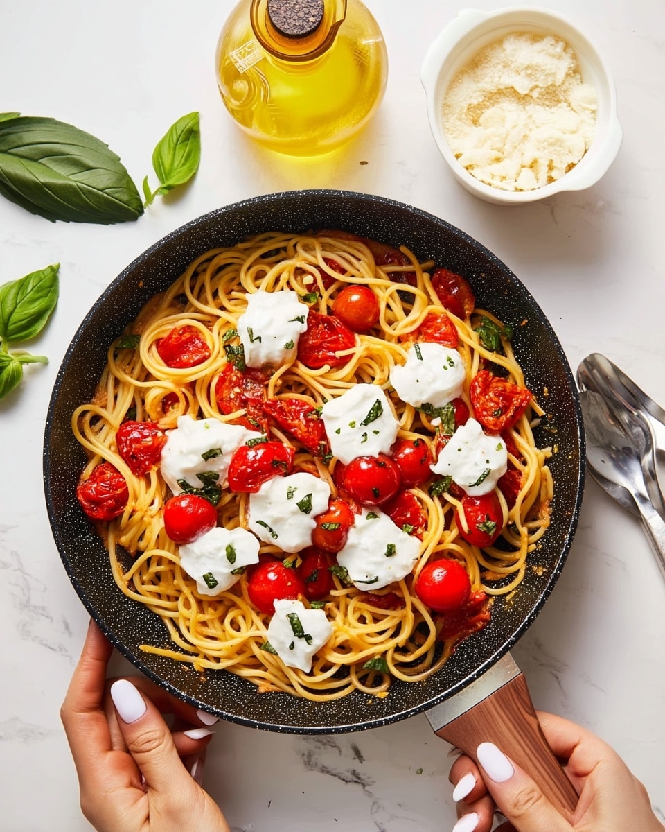 A black pan holds a dish with three main layers: at the bottom is a bed of golden yellow cooked spaghetti, topped with bright red cooked cherry tomato pieces mixed in, then dotted with soft white dollops of fresh mozzarella cheese sprinkled with small bits of green basil leaves. The pan is held by two woman's hands with white painted nails on a white marbled surface. Nearby, a clear glass bottle filled with golden olive oil sits above the pan, with a white bowl of grated cheese to the right and a white bowl with a spoon and some white cheese below. Fresh green basil leaves lie to the left. Photo taken with an iphone --ar 4:5 --v 7