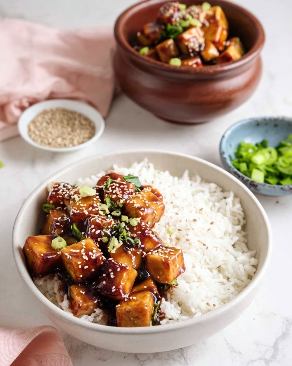 A white bowl filled halfway with fluffy white rice, topped on one side by glossy, caramel-colored tofu cubes coated in a dark, shiny sauce sprinkled with white sesame seeds and chopped green onions. In the background, a wooden bowl holds more tofu cubes, and small white and blue bowls contain green onion slices and sesame seeds, all placed on a white marbled surface with a soft pink cloth nearby. Photo taken with an iphone --ar 4:5 --v 7