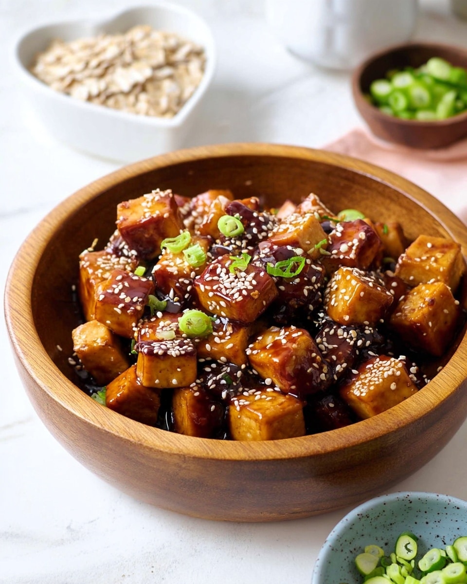A bowl filled with small, golden brown tofu cubes coated in a thick dark brown glossy sauce, sprinkled with light-colored sesame seeds and small pieces of chopped green onion scattered on top; the bowl is rustic brown and rough-textured, sitting on a white marbled surface, with a white bowl filled with sesame seeds blurred in the background and a white cloth with soft pink patterns partially visible on the right side; in the bottom right corner, a white bowl with chopped green onions is partially visible; the tofu pieces are layered closely together filling the bowl. photo taken with an iphone --ar 4:5 --v 7