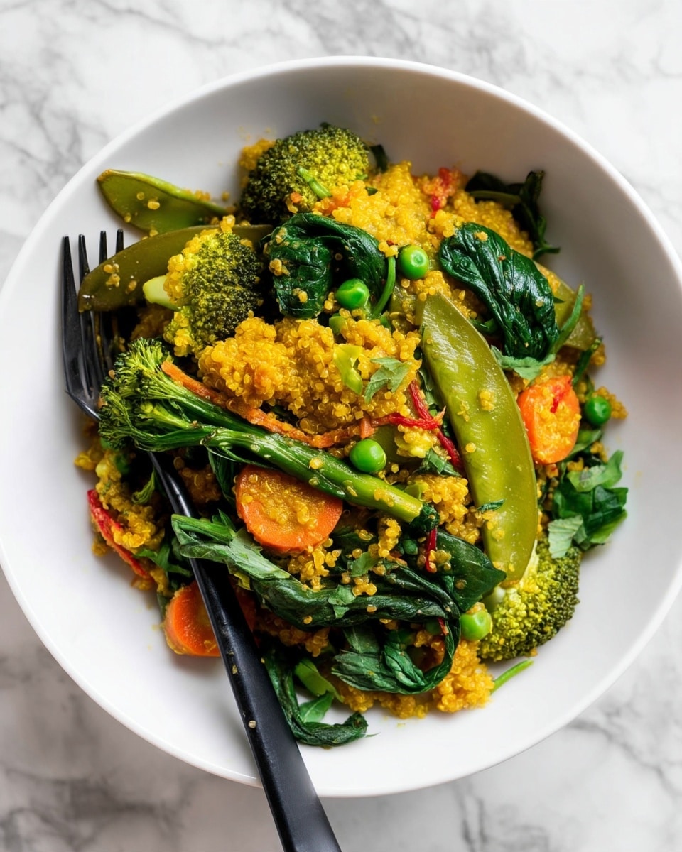 A white bowl filled with a colorful mix of cooked vegetables and quinoa forms the main focus, showing one layer of fluffy, yellow-orange quinoa with visible grains mixed throughout; scattered on top and around are green broccoli florets, orange carrot slices, dark green spinach leaves, and green snap peas with a slightly glossy texture. A black fork rests inside the bowl on the left side, partly submerged in the food. The bowl sits on a white marbled surface, enhancing the fresh and healthy look of the dish. photo taken with an iphone --ar 4:5 --v 7