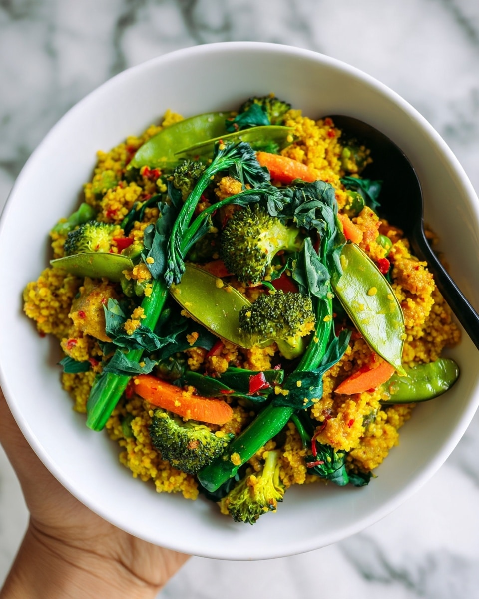 A close-up view of a bowl of mixed vegetable quinoa held by a woman's hands, with a black utensil digging into the food. The bowl is white and filled with three main layers: the base layer is yellow quinoa with a fluffy texture, the middle layer has green broccoli florets and fresh spinach leaves, and the top layer shows some orange carrot pieces, and green snap peas scattered throughout. The background is a white marbled texture, giving a clean and fresh look. photo taken with an iphone --ar 4:5 --v 7
