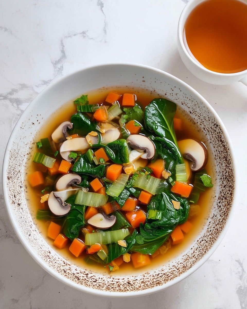 The image shows a bowl of clear vegetable soup with visible layers of ingredients. The base layer is a light brown broth filling the bowl about halfway. Within the broth, there are thin slices of creamy white and brown mushrooms, small diced orange carrots, and green leafy vegetables that look bright and fresh, adding a mix of smooth and crisp textures. The bowl is wide and white with speckled brown around the edges, contrasting with the colorful soup. The background is a white marbled surface. Nearby, there is a small white cup containing a light golden liquid. Photo taken with an iphone --ar 4:5 --v 7