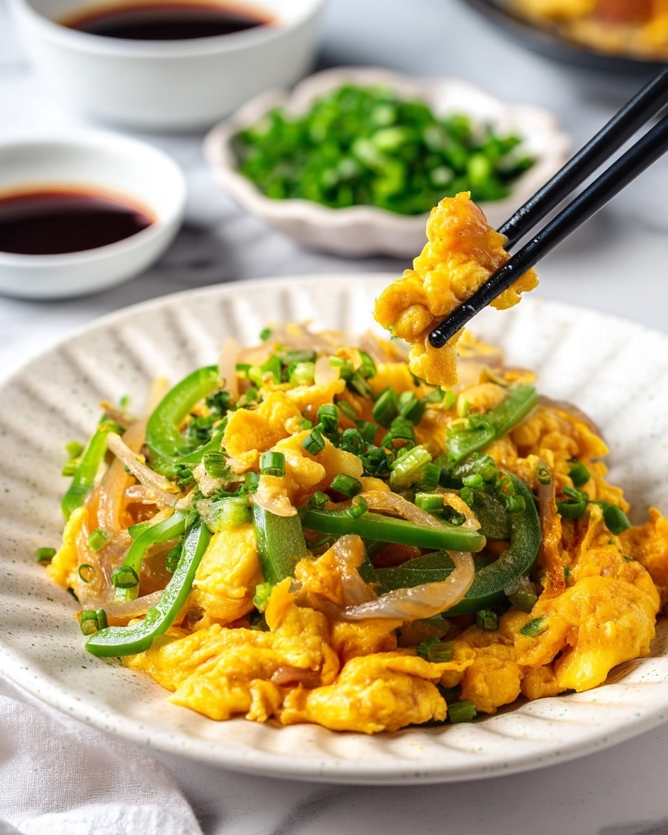 The dish shows a white speckled bowl filled with scrambled eggs as the bottom layer, bright yellow and soft with pieces of cooked translucent onion mixed in. On top, there are thin green slices of bell pepper scattered evenly, adding fresh color and texture. Fresh chopped green onions are sprinkled over the entire dish, giving small green dots as the final layer. A pair of black chopsticks is holding a piece of the scrambled egg at the edge of the bowl, and the background has a white marbled texture. photo taken with an iphone --ar 4:5 --v 7