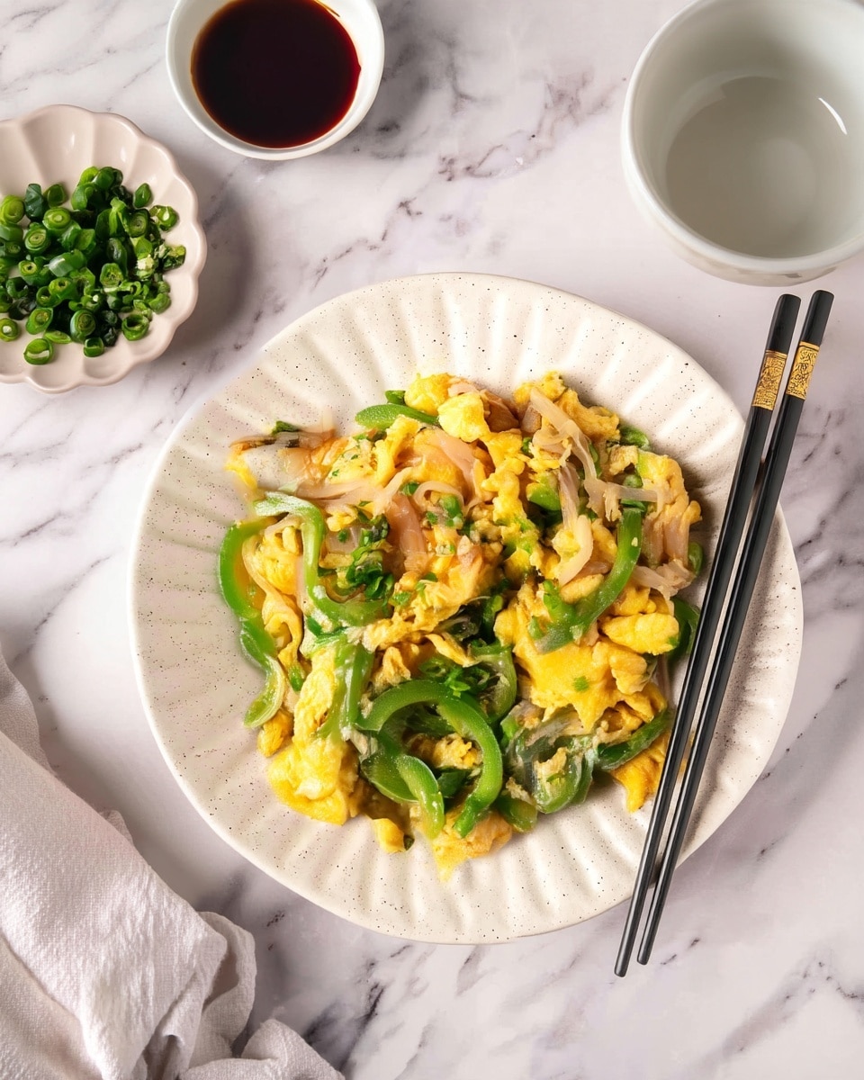 A white ceramic plate with subtle lined texture holds a dish of scrambled eggs mixed with thinly sliced green bell pepper and translucent cooked onion strips, garnished with chopped green onion sprinkled evenly on top. The scrambled eggs are soft and yellow with slightly rough texture, contrasting with the bright green peppers and pale onions. Black chopsticks with gold accents rest on the right edge of the plate. Nearby, a small white scalloped dish contains more chopped green onions and a white bowl of dark soy sauce sits above on a white marbled surface, with a soft beige cloth partially visible at the bottom left. photo taken with an iphone --ar 4:5 --v 7
