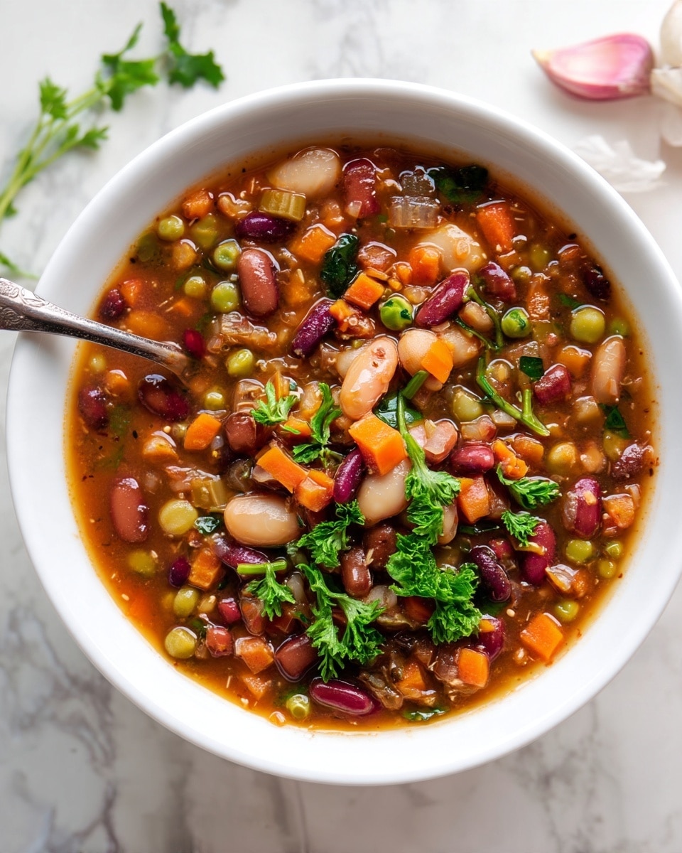 A white bowl filled with a thick vegetable and bean soup, showing a rich dark brown broth base mixed with a colorful layer of different beans including white and red kidney beans, green peas, and small diced orange carrots scattered evenly throughout. The soup also has some chopped onions and green leafy herbs sprinkled on top, adding a fresh dark green detail. A vintage silver spoon rests inside the bowl on the left side, slightly immersed in the soup. The bowl is set on a white marbled surface, with a clove of garlic partially visible in the upper right corner. Photo taken with an iphone --ar 4:5 --v 7