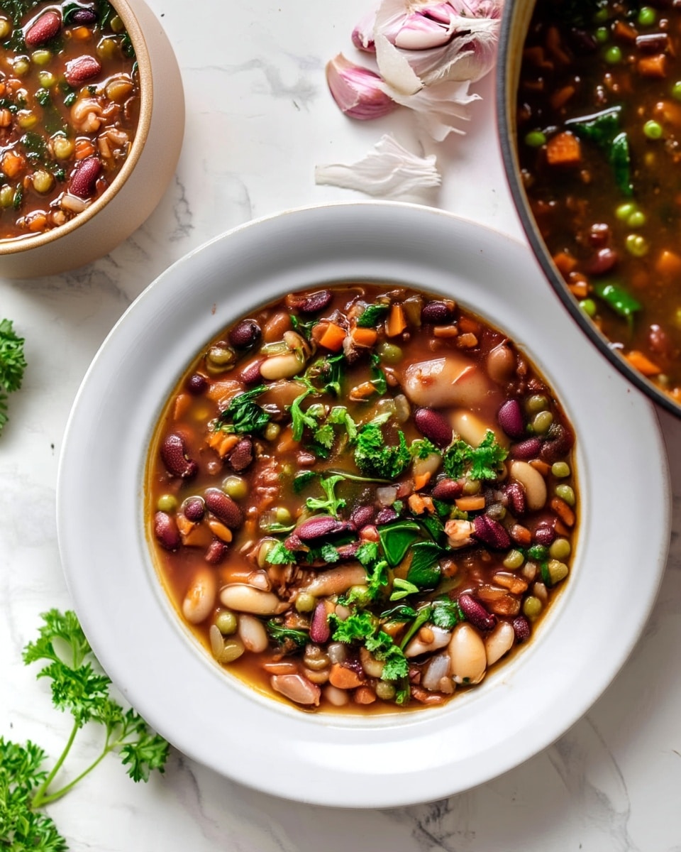 A white bowl filled with a thick vegetable and bean soup showing 3 layers: a dark broth base with orange carrot cubes and green peas, a middle layer with white, red, and brown beans mixed with chopped greens, and a top layer scattered with fresh green parsley leaves, placed on a white marbled surface; to the upper right, a large white pot filled with more of the same soup is partially visible, and in the middle background, some garlic cloves with loose skin and a small bunch of fresh parsley are arranged, creating a rustic and colorful food scene. photo taken with an iphone --ar 4:5 --v 7