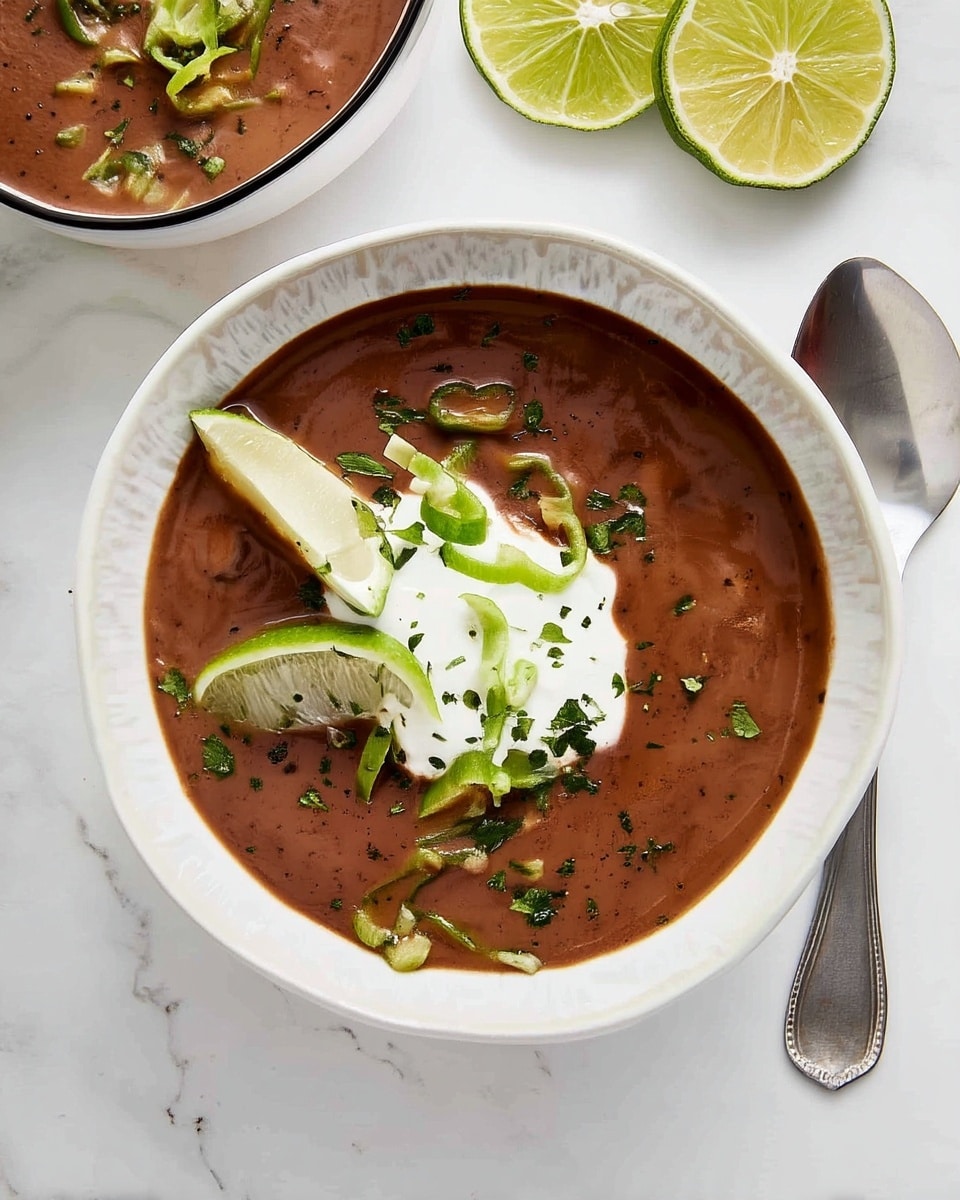 The image shows a white bowl filled with thick, dark brown soup with a smooth texture. On top, there is a dollop of white cream placed slightly off-center, surrounded by thin, curly slices of light green jalapeño peppers scattered evenly. There are two lime wedges leaning against the cream, one wedge has a green outer skin and light green inner flesh. Small green chopped herbs are sprinkled lightly over the soup's surface, adding a fresh touch. A shiny silver spoon is placed to the right side of the bowl on a white marbled surface, with part of another white bowl of soup visible at the top left corner. Photo taken with an iphone --ar 4:5 --v 7