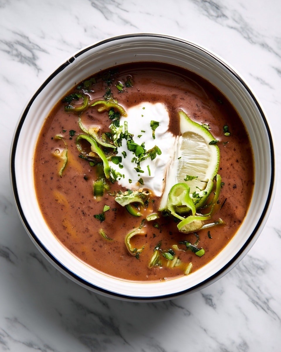 A bowl filled with thick, smooth brown soup topped with a dollop of white sour cream in the center, garnished with thin curled green chili slices and finely chopped green herbs scattered over and around the sour cream, with a wedge of lime resting on the soup next to the sour cream, all served in a white bowl with a dark rim on a white marbled surface. photo taken with an iphone --ar 4:5 --v 7