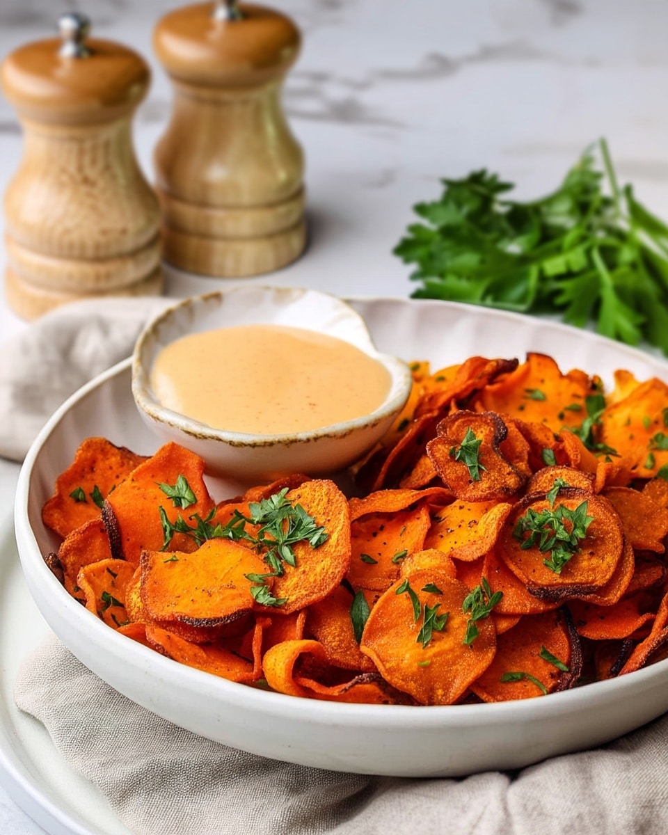 A white bowl is filled with thin, crispy orange sweet potato chips that have slightly curled edges and are sprinkled with bright green chopped herbs. The chips have some darker browned spots showing they are well cooked, giving a texture mix of crunchy and slightly rough. On the right side of the bowl, there is a small white bowl partially visible, holding a creamy light orange dipping sauce with a smooth texture. The background has a white marbled texture. photo taken with an iphone --ar 4:5 --v 7