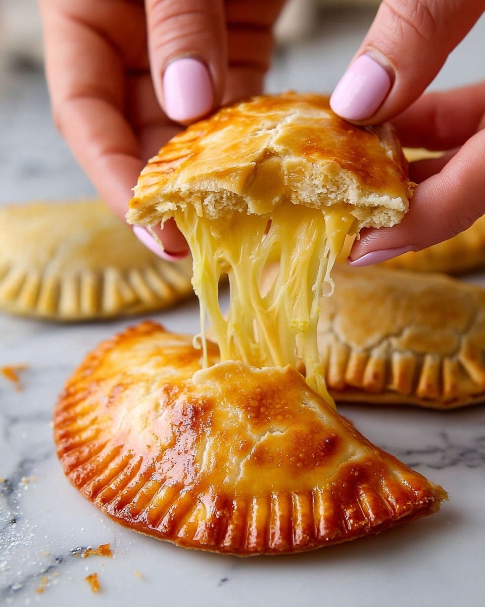 The image shows several golden-brown pastry pockets stacked on a white plate with a blue and white cloth underneath. The top pastry is cut in half, revealing two thick layers inside: a creamy pale yellow filling and a flaky, light beige crust. The crust is crimped on the edges with fork marks, creating a textured border. The pastries have a slightly uneven, flaky surface with crumb bits scattered around them. The background has a soft, white marbled texture with a blurred pepper grinder and cloth in the distance. photo taken with an iphone --ar 4:5 --v 7