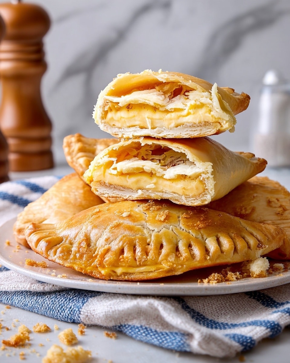 A close-up of a small hand pie being pulled apart by two woman's hands with pink nails, showing one thick top layer of golden-brown crust with fork-pressed edges, and a dense, stringy layer of melted yellow cheese stretching in the middle; other similar hand pies lie blurred in the background on a white marbled surface. photo taken with an iphone --ar 4:5 --v 7