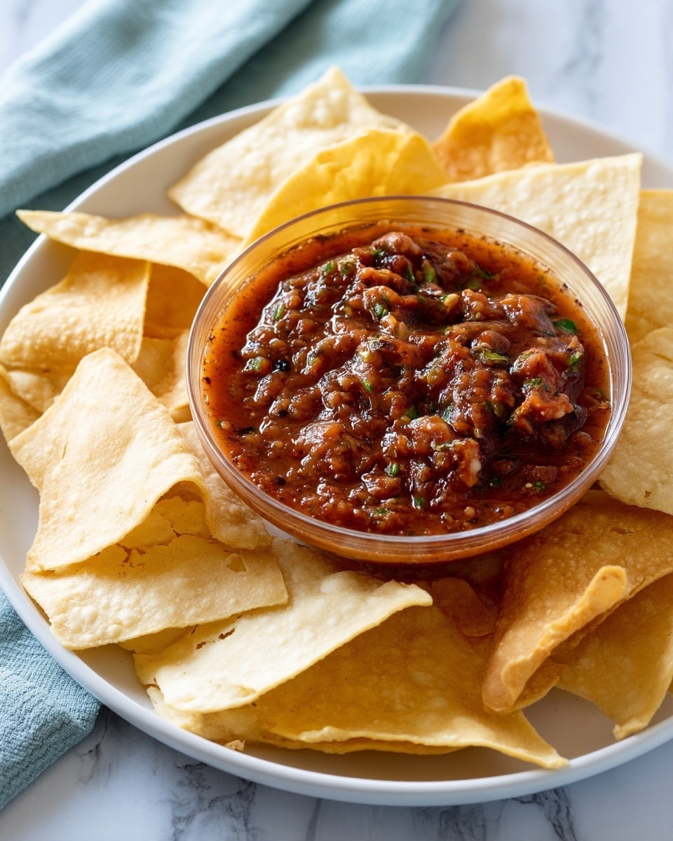 A clear glass bowl filled with chunky red salsa, showing small bits of green herbs and seeds throughout its textured surface, is placed on a white plate. The edges of the salsa bowl reveal a slightly watery layer surrounding the thicker parts in the center. Around the bowl, there are several light golden yellow tortilla chips with a crisp, slightly rough texture. The whole arrangement sits on a white marbled surface with soft lighting coming from the side, giving the image a fresh and clean look. Photo taken with an iphone --ar 4:5 --v 7