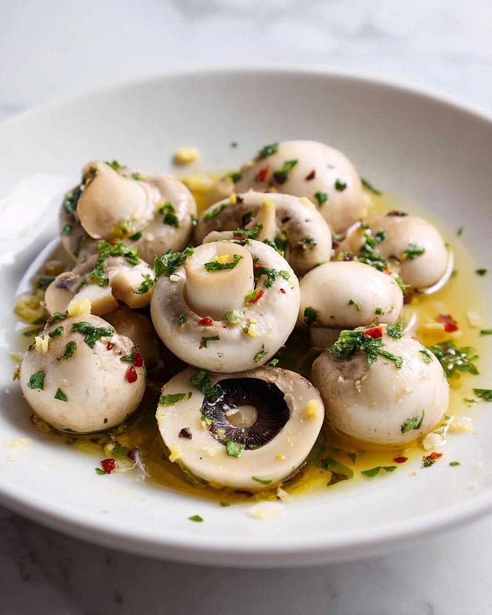The image shows a white shallow bowl filled with whole and sliced white mushrooms, cooked and sitting in a light golden sauce. Finely chopped green herbs are sprinkled evenly on the mushrooms, along with small bits of red flakes and tiny yellow zest pieces. The mushrooms have a smooth, slightly shiny texture and vary in size, some caps are whole while others are sliced to reveal the dark insides. The bowl rests on a white marbled surface, and the focus is on the mushrooms in the middle with a soft blurred background. photo taken with an iphone --ar 4:5 --v 7