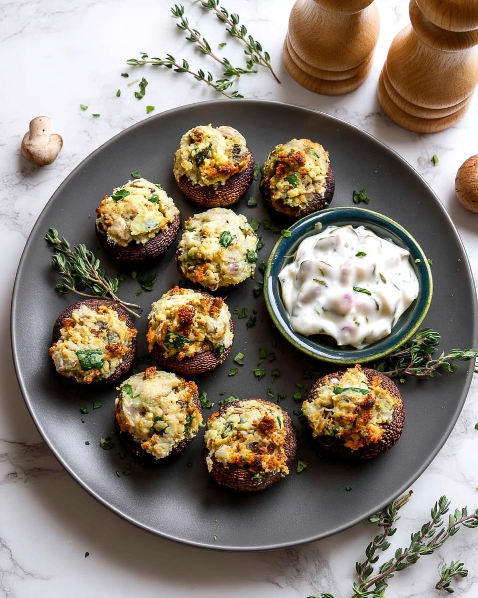 A round dark gray plate holds eleven stuffed mushrooms arranged in a loose circle, each mushroom featuring a dark brown base with a textured top layer of golden brown filling mixed with green herbs and small chopped pieces. In the center of the plate, a small white bowl with green edges is filled with a creamy white sauce dotted with green and pink bits. The plate is set on a white marbled surface, with some fresh thyme sprigs nearby and whole mushrooms along with wooden pepper grinders visible in the background. Photo taken with an iphone --ar 4:5 --v 7