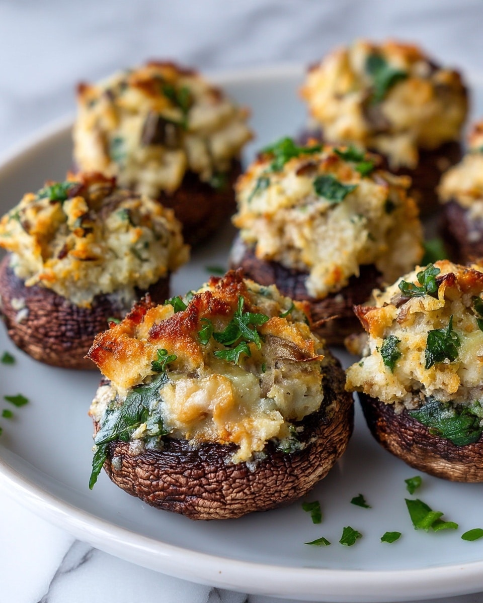 The image shows a close-up of several stuffed mushrooms arranged on a white plate with a white marbled surface underneath. Each mushroom has two layers: the bottom layer is a dark brown, textured mushroom cap with a natural wrinkled surface, and the top layer is a light golden, crumbly filling that looks creamy with small green leafy bits and finely chopped pieces inside. The filling is slightly browned on some edges, giving a crispy look. The mushrooms are clustered closely, with soft lighting highlighting the texture and colors of the dish. Photo taken with an iphone --ar 4:5 --v 7