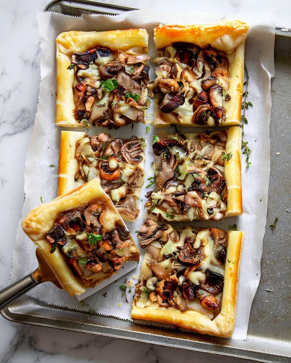A close-up image of a thick square slice of mushroom pizza being lifted with a metal spatula. The pizza slice has a base layer of golden-brown crust, followed by a layer of melted cheese that appears creamy and slightly browned in spots. The top layer is covered densely with sautéed mushrooms and small bits of cooked onions, giving a mix of dark and light brown colors with some green herb sprinkles. The background shows more of the same pizza on a white marbled surface. Photo taken with an iphone --ar 4:5 --v 7