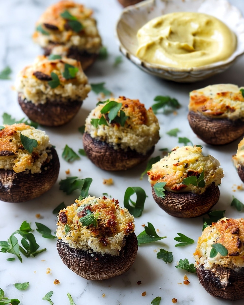The image shows a white oval plate filled with stuffed mushrooms arranged in two rows. Each mushroom has a dark brown base with a rough, textured cap that holds a golden-brown, slightly crispy stuffing on top. The stuffing looks creamy with herbs mixed in and is uneven in shape, giving a homemade feel. Behind the plate, whole fresh mushrooms and a garlic bulb sit on a white marbled surface, softly out of focus. The overall scene is bright and clean with natural lighting highlighting the colors and textures of the mushrooms and stuffing. photo taken with an iphone --ar 4:5 --v 7