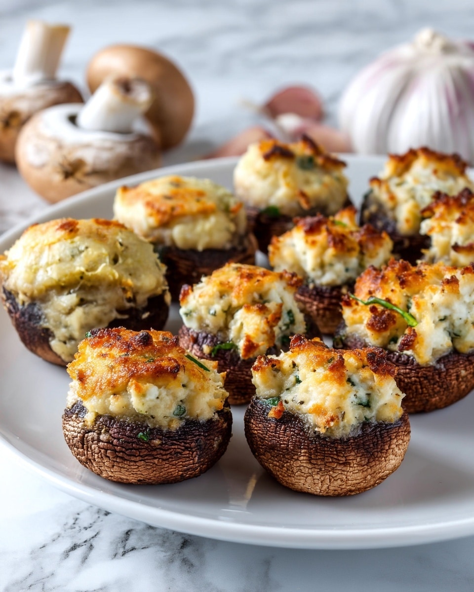 The image shows stuffed mushrooms arranged on a white plate with a white marbled texture underneath. Each mushroom has a dark brown cap base and is filled with a light beige, crumbly mixture with a slightly browned, crispy top layer. Some mushrooms have small green herb leaves on top or around them, adding a fresh touch to the dish. In the background, there is a white dish filled with a creamy pale yellow sauce, slightly textured and swirled on top. The focus is on the closest mushroom that has been cut in half, showing the thick filling inside. Photo taken with an iphone --ar 4:5 --v 7