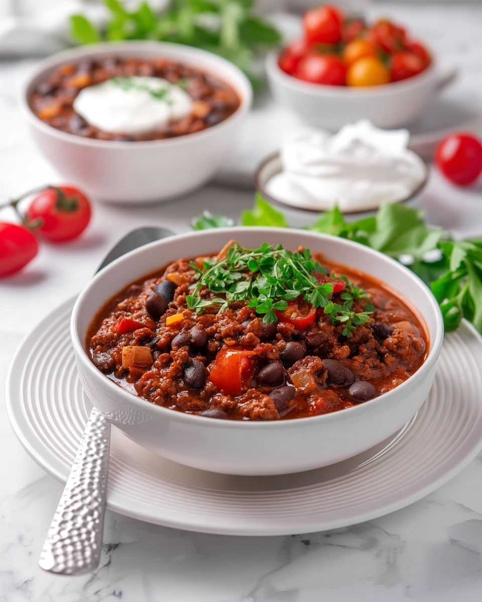 A white bowl filled with a thick, chunky chili consisting of three main layers: the bottom layer shows a rich, deep red-brown sauce with visible juices, the middle layer has ground meat mixed with black beans and small cubes of orange vegetables, and the top layer is sprinkled with fresh green chopped herbs. A woman's hand holds the bowl from the side while another woman's hand holds a spoon scooping into the chili, revealing the dense texture of the ingredients. The bowl sits on a white plate with a ridged edge, all set on a white marbled surface with a white and gray striped cloth partially visible to the side. Photo taken with an iphone --ar 4:5 --v 7