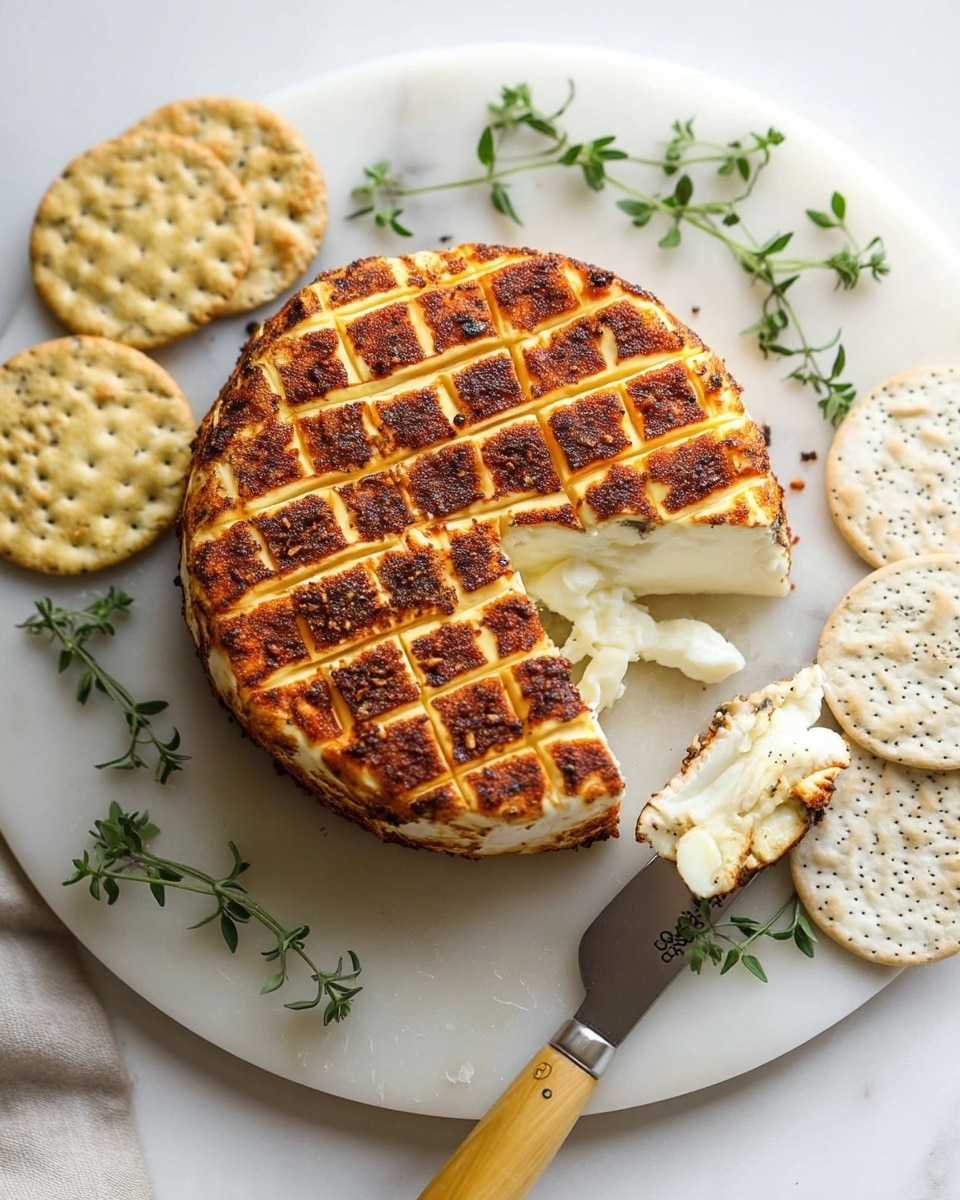 A wedge of cheese with a golden brown, seasoned crust is cut into square segments on top, sitting on a round white marble board. The cheese itself is creamy white with a soft, crumbly texture visible where a slice has been spread on a knife with a wooden handle marked 