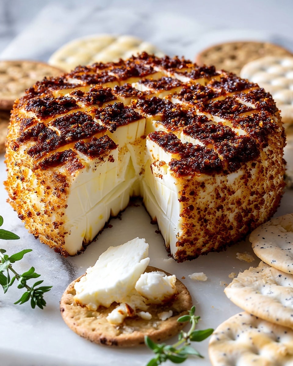 A block of creamy white cheese with a brown, crispy, herb crust cut into a grid pattern on top sits on a white marbled surface. One wedge is missing from the block, revealing the smooth and soft texture inside. Surrounding the cheese are scattered light beige crackers and a sprig of fresh green herb. A white cracker topped with a rough layer of the fresh cheese is placed in the foreground. The cheese appears moist and slightly shiny, with some olive oil pooling at the base. photo taken with an iphone --ar 4:5 --v 7