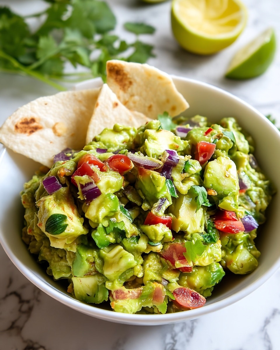 A white bowl filled with fresh guacamole showing visible layers of bright green mashed avocado mixed with chunks of red tomato, small pieces of purple onion, and green herbs scattered throughout. The texture is a mix of creamy and chunky with a fresh, vibrant color contrast. Around the bowl, there are sliced lime wedges, some pita bread triangles, and whole red tomatoes on a white marbled surface. Part of a halved avocado with the seed is also visible in the corner. Photo taken with an iphone --ar 4:5 --v 7