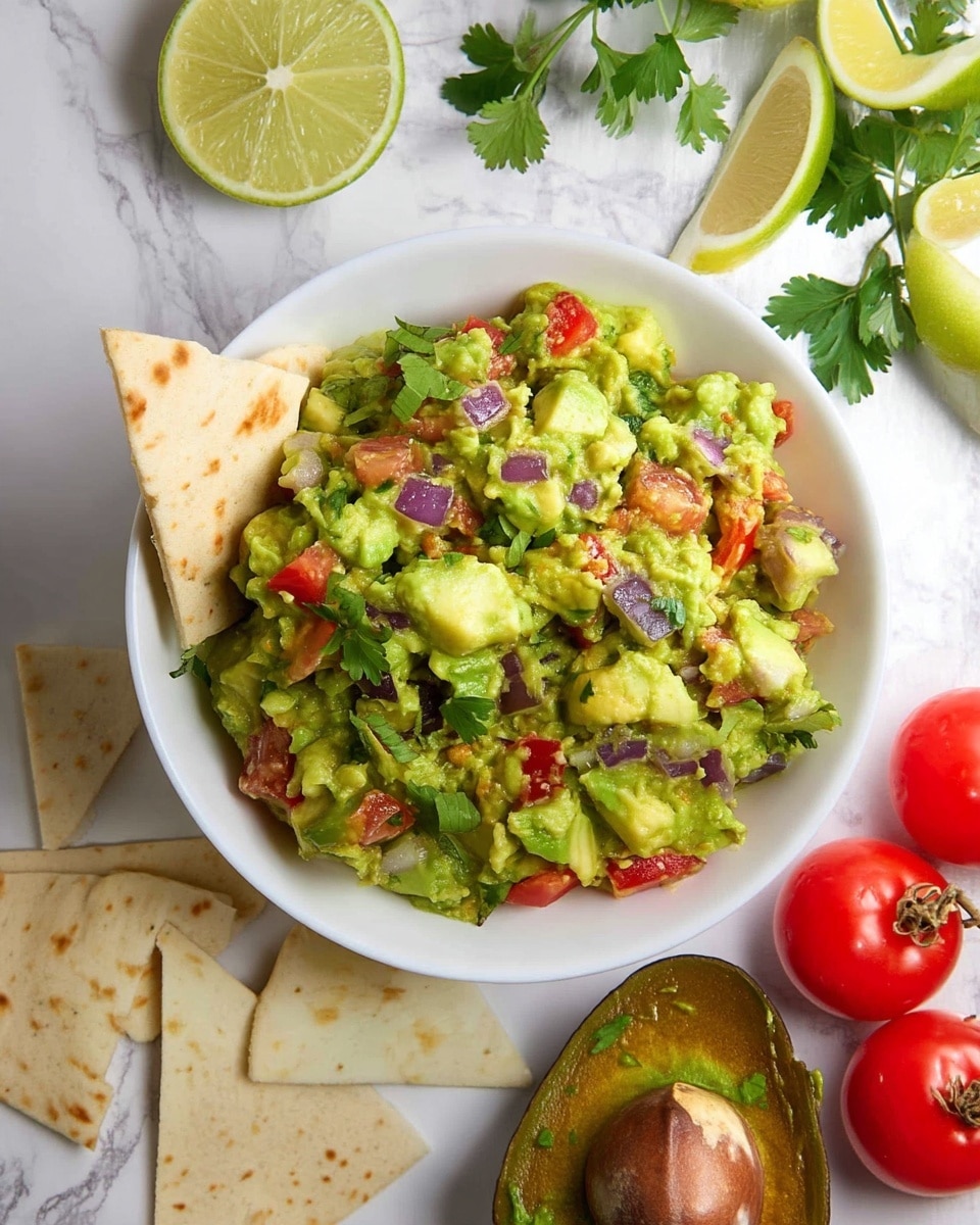 A close-up of a white bowl filled with chunky guacamole made of bright green avocado pieces, red tomato chunks, diced purple onion, and fresh green cilantro mixed throughout. The guacamole looks creamy with visible textures from the avocado and bits of seasoning. Around the bowl, there are triangular white tortilla chips standing upright and leaning against the bowl's edge. In the background, there is a halved lime and some blurred green herbs, all set on a white marbled surface. photo taken with an iphone --ar 4:5 --v 7
