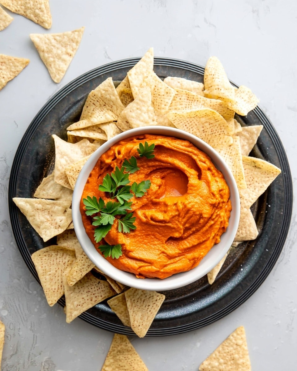 A dark round plate holds a small bowl filled with smooth, thick orange dip that has a creamy texture and soft swirls on its surface. On top of the dip, there are a few fresh green parsley leaves that add a pop of color. Around the bowl, a layer of pale yellow triangular tortilla chips with small brown specks are arranged neatly, some chips also scattered outside the plate on a white marbled surface. Photo taken with an iphone --ar 4:5 --v 7