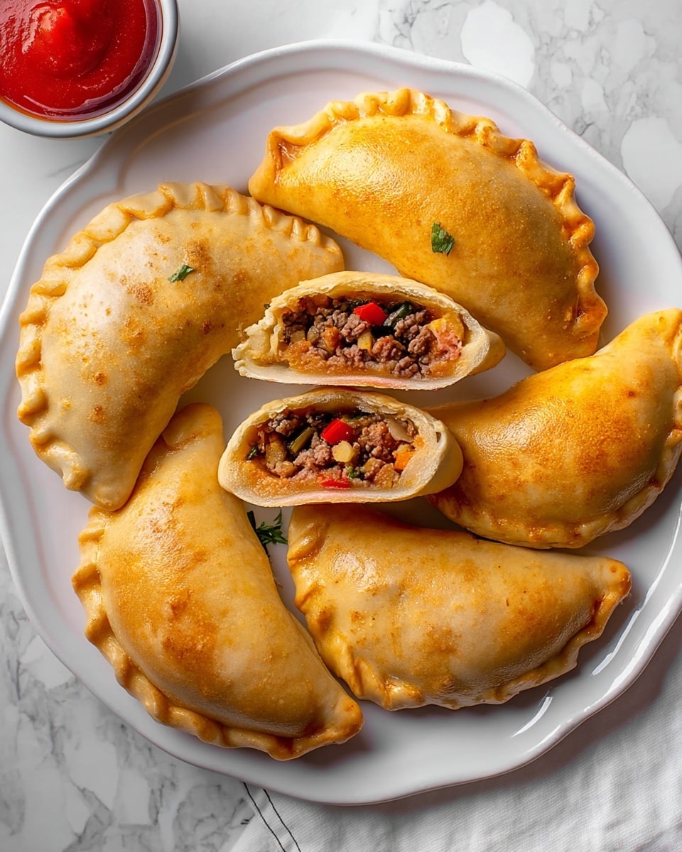 A white plate holds six golden-brown empanadas with a shiny, slightly crispy crust and crimped edges. One empanada is cut in half, showing the inside layers: a soft dough outer layer, then a filling made of finely chopped cooked meat mixed with red peppers, small pieces of mushrooms, and green herbs, all looking juicy and well cooked. The plate is placed on a white marbled surface next to a partially visible white bowl of red sauce. A white cloth with dark thin stripes is partially visible in the bottom right corner. photo taken with an iphone --ar 4:5 --v 7