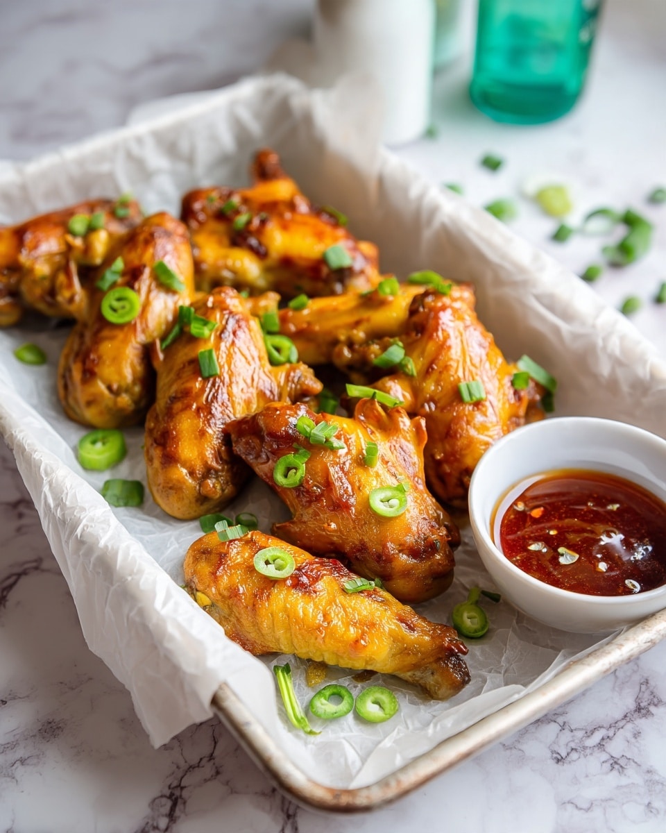 A tray lined with crinkled white wax paper holds a pile of golden-brown glazed chicken wings scattered with thin green slices of jalapeño and chopped green onion pieces; to the right side of the wings is a small white bowl filled with thick, dark brown sauce, next to which lies a wooden brush with sauce on its bristles. Around the tray, on a dark wooden table, are two bottles with red caps, two squeeze bottles in yellow and red, a small white plate with more chicken wings topped with green onion, and a white bowl filled with ridged potato chips with some chips scattered nearby. photo taken with an iphone --ar 4:5 --v 7