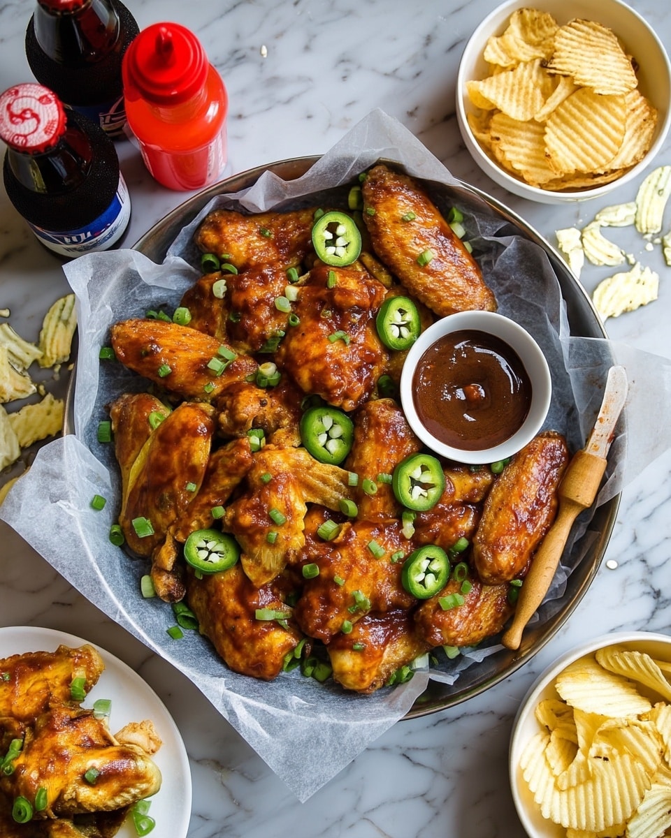 A white tray lined with crumpled white paper holds a pile of golden-brown chicken wings, each piece shiny and glazed with a rich sauce, topped with small pieces of fresh green onions and slices of green chili peppers scattered around. To the right of the wings is a small white bowl containing dark reddish-brown dipping sauce. The tray is set on a dark wooden table with a blurred white marbled texture in the background, where bottles and a yellow condiment container are faintly visible. Photo taken with an iphone --ar 4:5 --v 7