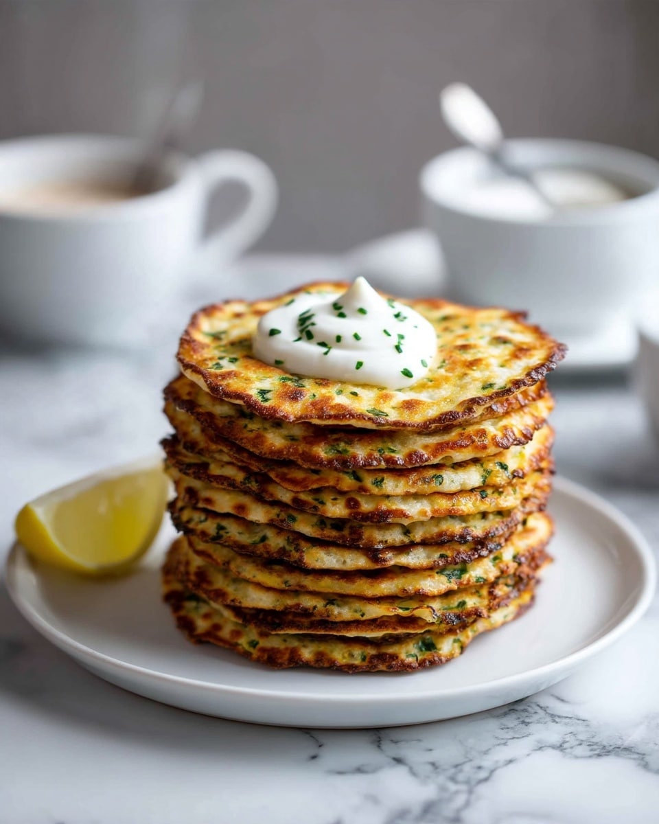 A tall stack of eight round, thin pancakes with golden-brown crispy edges and specks of green herbs all over, placed in the center of a white plate on a white marbled surface. On the top pancake, there is a dollop of white creamy sauce. To the left of the plate, a small wedge of lemon is visible. In the blurred background, there is a white cup with a spoon inside. Photo taken with an iphone --ar 4:5 --v 7