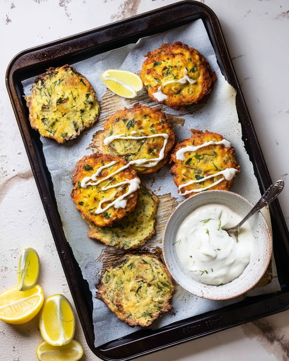 This image shows a dark baking tray lined with parchment paper holding seven round, golden-brown fritters with green herbs visible throughout. Three of the fritters are drizzled with a white sauce. Near the bottom right of the tray is a white bowl filled with creamy white sauce sprinkled with small green herbs, and a silver spoon rests inside the bowl. To the left of the bowl, there are two lemon wedges with bright yellow flesh. The tray sits on a white marbled textured surface with a few more lemon wedges scattered around. photo taken with an iphone --ar 4:5 --v 7