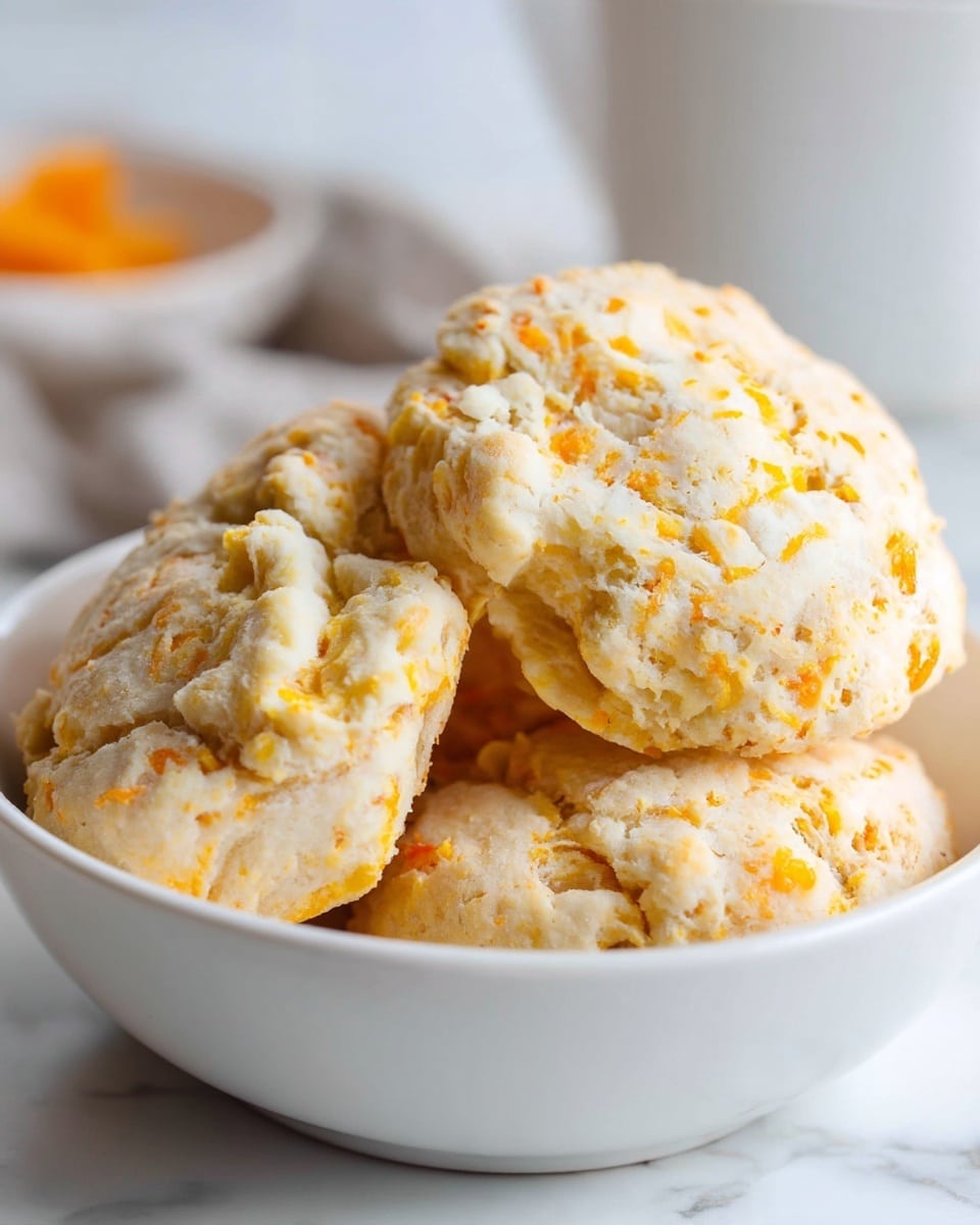 A close-up view of a stack of soft, round biscuits with a pale dough base and small bits of orange cheese scattered throughout. The biscuits have a rough, crumbly texture with visible cracks on the surface. They are placed in a white shallow bowl resting on a white marbled background, with a soft focus on the background elements. Photo taken with an iphone --ar 4:5 --v 7