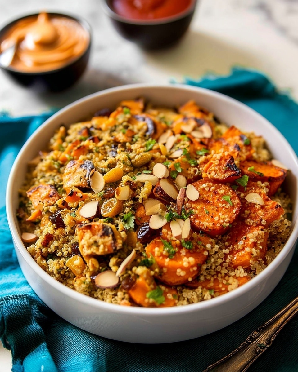 A white bowl filled with a warm quinoa salad showing three main layers: the base layer is fluffy, light brown quinoa mixed with finely chopped herbs, the middle layer has bright orange roasted sweet potato chunks with slight char marks, and the top layer is sprinkled with thinly sliced almonds and a few golden raisins, adding texture and shine. The bowl sits on a teal cloth on a white marbled surface, with two small black bowls blurred in the background, one filled with an orange creamy sauce and the other with a pink sauce. photo taken with an iphone --ar 4:5 --v 7