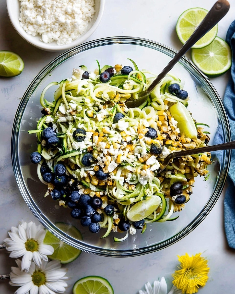 A clear glass bowl filled with a mix of spiraled green zucchini noodles as the base layer, topped with a scattering of small dark blue blueberries and light yellow charred corn kernels. There is also a topping of white crumbly cheese sprinkled over the top. Two slices of pale green lime rest on the noodles, and two metal forks dip into the bowl from opposite sides. The bowl is placed on a white marbled surface with lime wedges and white flowers nearby, along with a small white bowl holding more crumbly cheese. Photo taken with an iphone --ar 4:5 --v 7